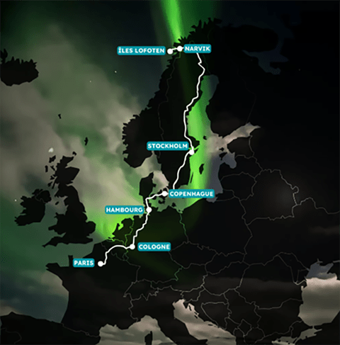 carte à travers l'europe d'un trajet d'un voyage pour suivre les aurores boréales