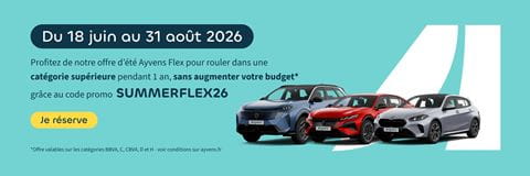 Offre d'été Ayvens Flex pour les catégories supérieures pendant 1 an sans augmenter votre budget avec le code promo SUMMERFLEX26. Cliquer sur la bannière pour la réservation