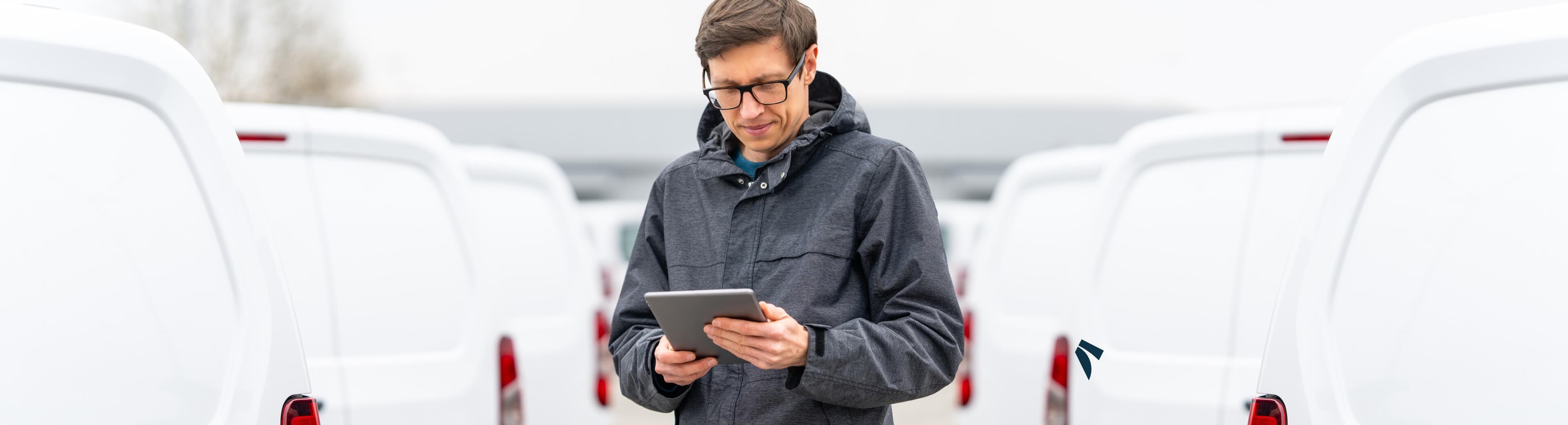 Man with tablet in front of vans